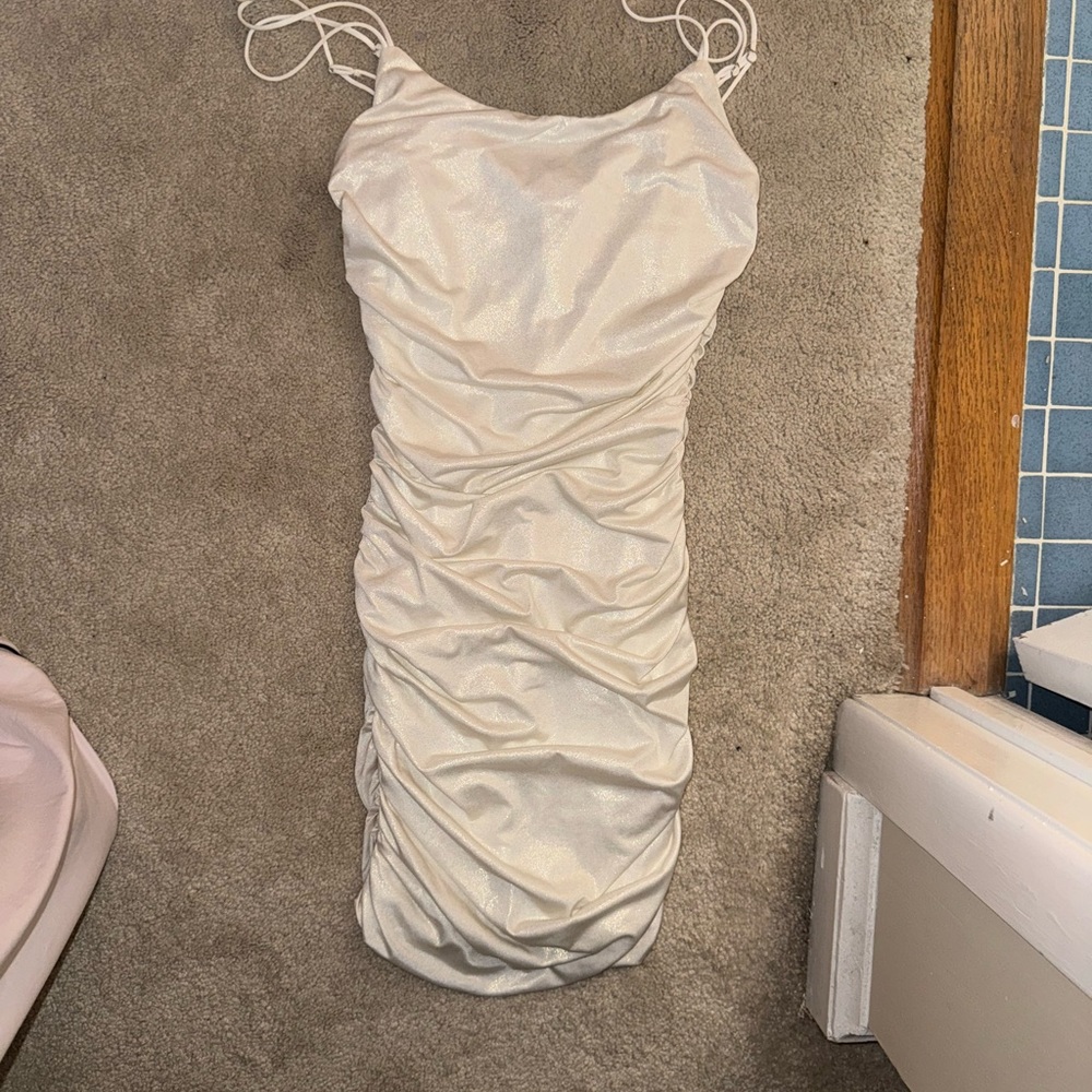 white scrunchy mini dress